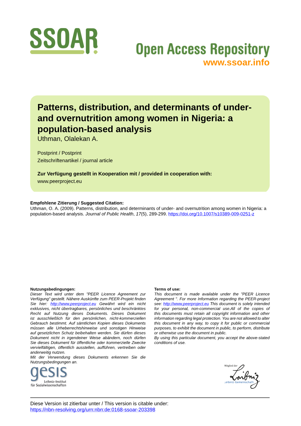 And Overnutrition Among Women in Nigeria: a Population-Based Analysis Uthman, Olalekan A