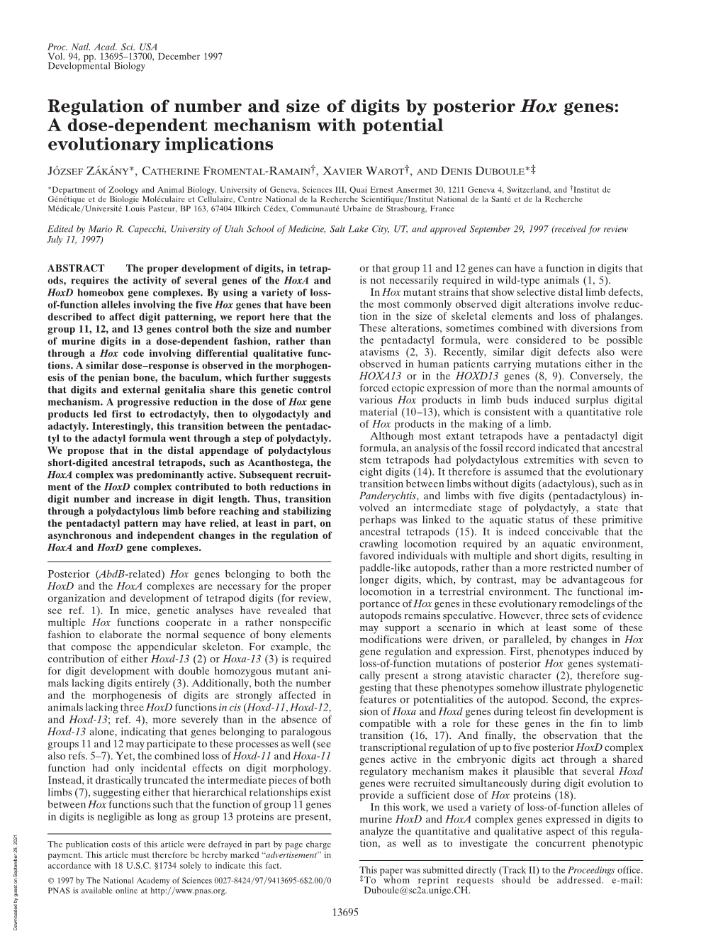 Regulation of Number and Size of Digits by Posterior Hox Genes: a Dose-Dependent Mechanism with Potential Evolutionary Implications