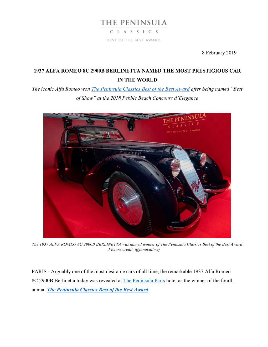 8 February 2019 1937 ALFA ROMEO 8C 2900B BERLINETTA NAMED