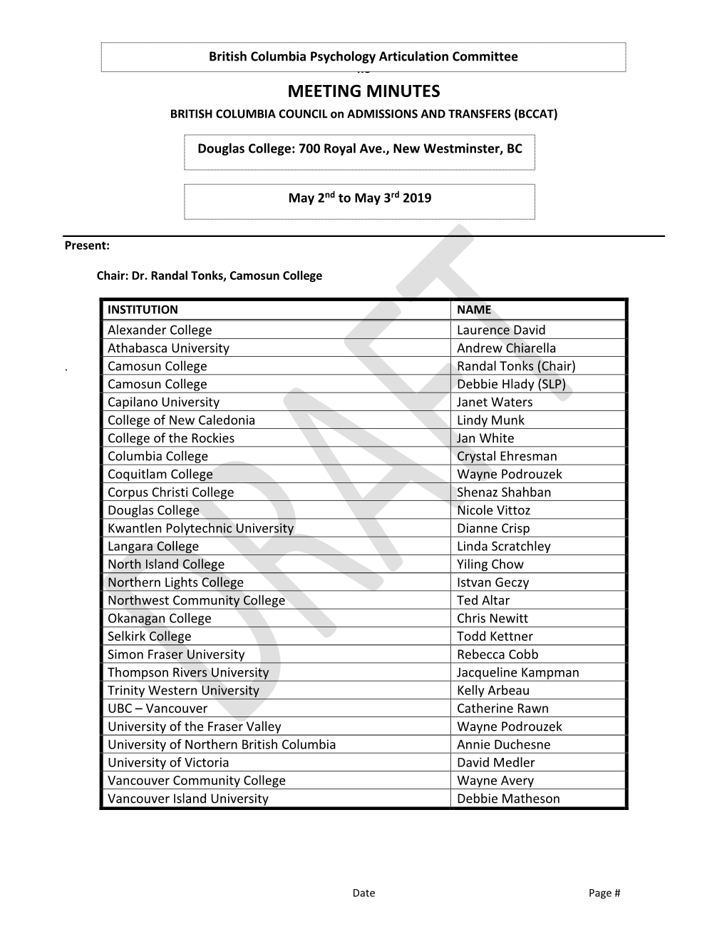 MEETING MINUTES BRITISH COLUMBIA COUNCIL on ADMISSIONS and TRANSFERS (BCCAT)