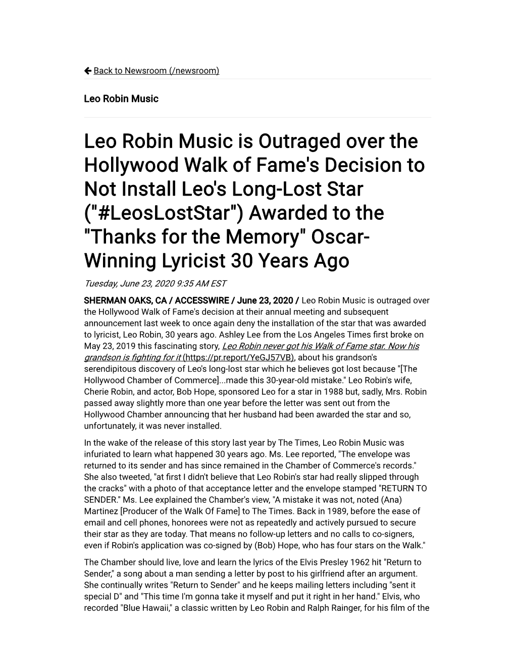 Leo Robin Music Is Outraged Over the Hollywood Walk of Fame's