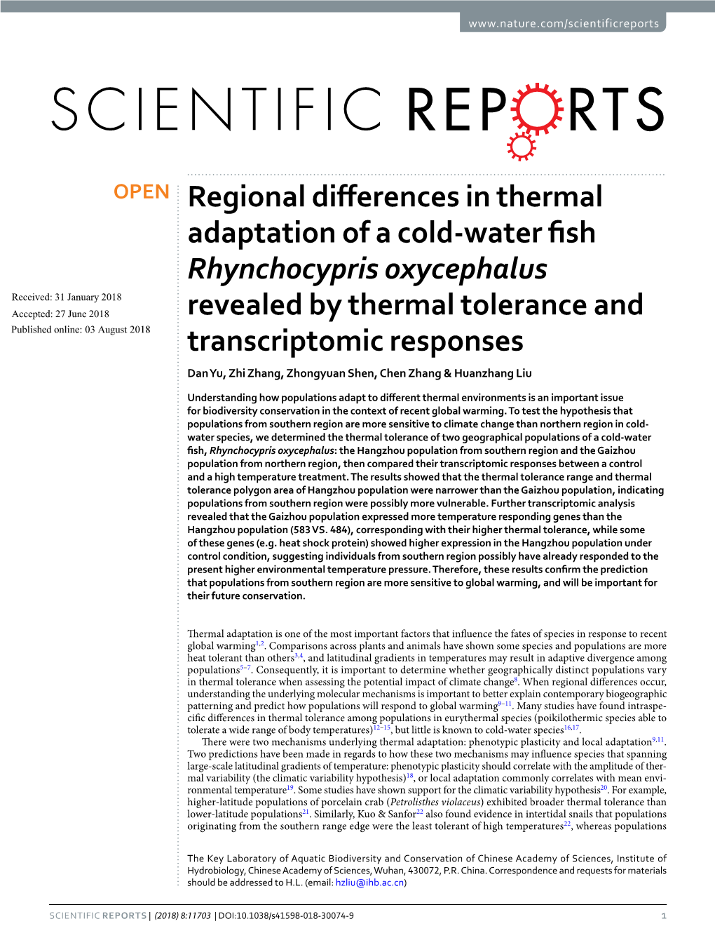 Regional Differences in Thermal Adaptation of a Cold-Water Fish Rhynchocypris Oxycephalus Revealed by Thermal Tolerance and Tran
