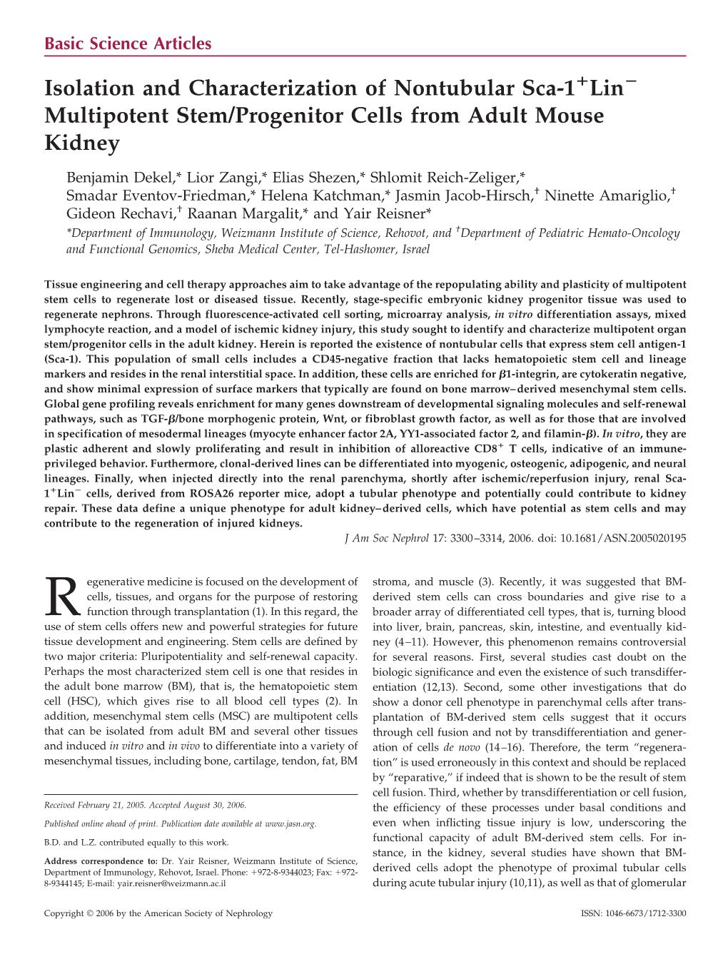 Isolation and Characterization of Nontubular Sca-1 Lin Multipotent Stem/Progenitor Cells from Adult Mouse Kidney