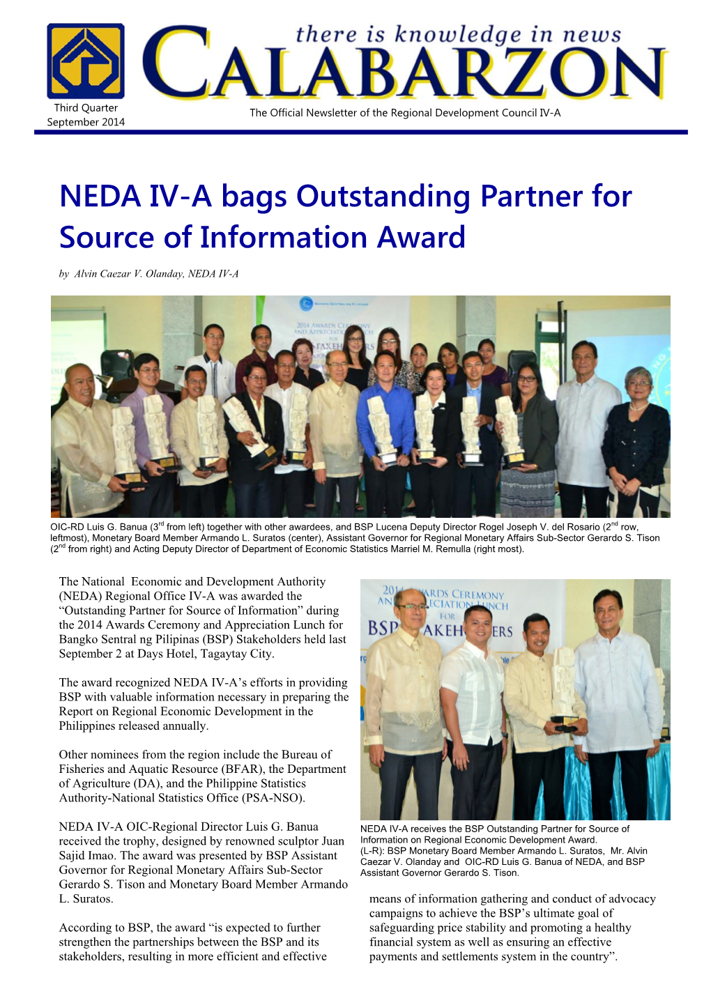 NEDA IV-A Bags Outstanding Partner for Source of Information Award