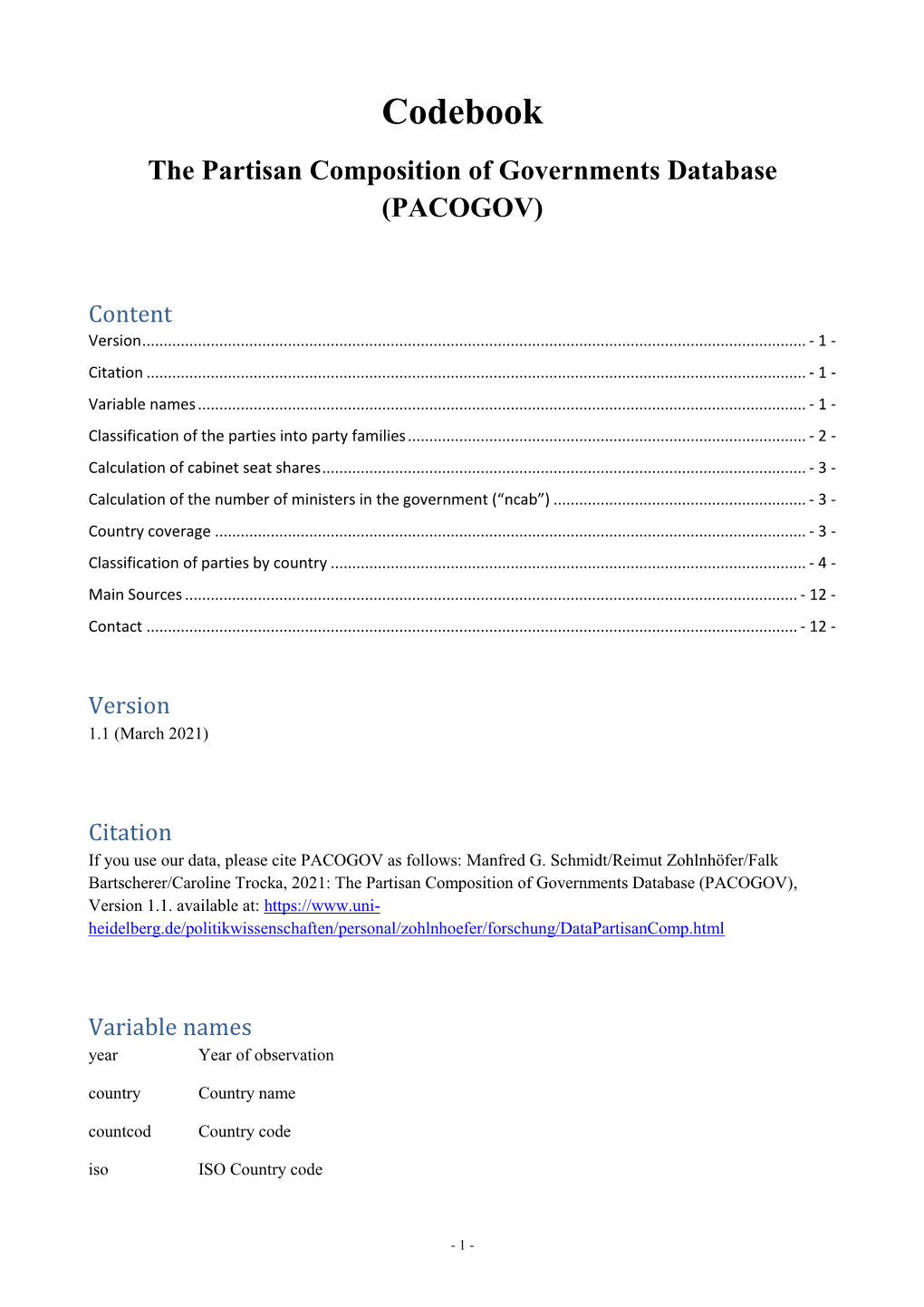 Codebook the Partisan Composition of Governments Database (PACOGOV)