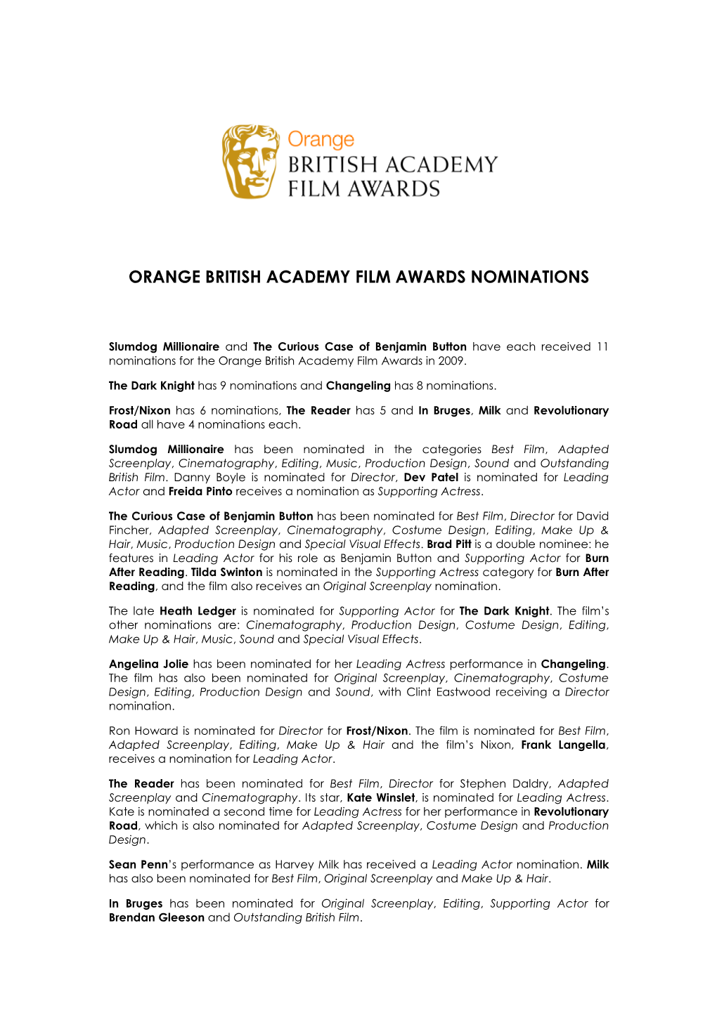 Orange British Academy Film Awards Nominations