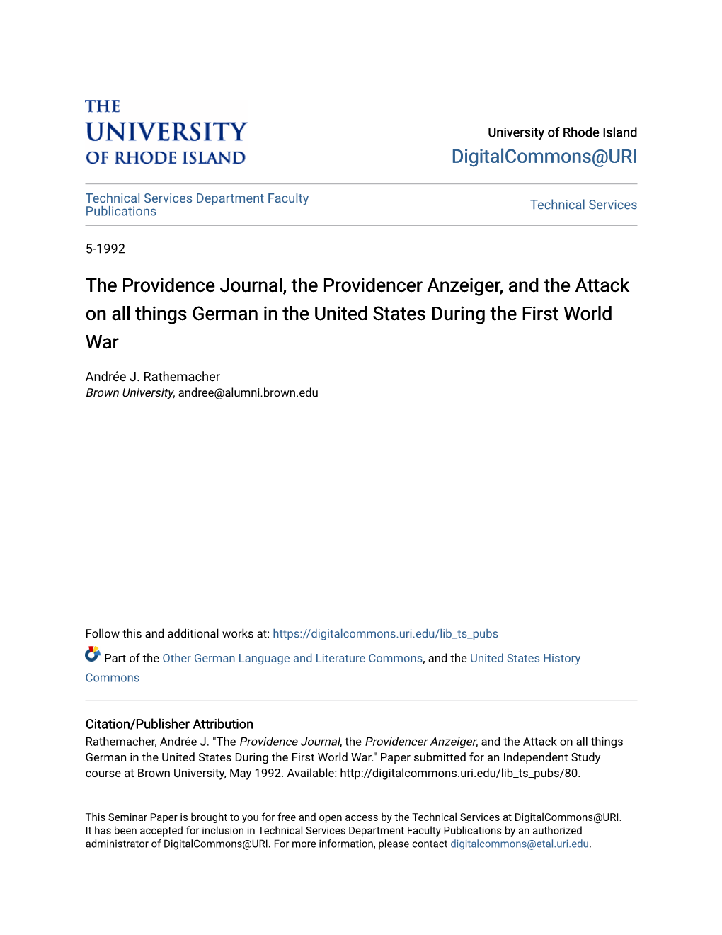 The Providence Journal, the Providencer Anzeiger, and the Attack on All Things German in the United States During the First World War