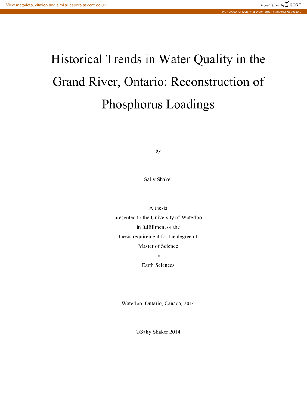 Historical Trends in Water Quality in the Grand River, Ontario: Reconstruction of Phosphorus Loadings