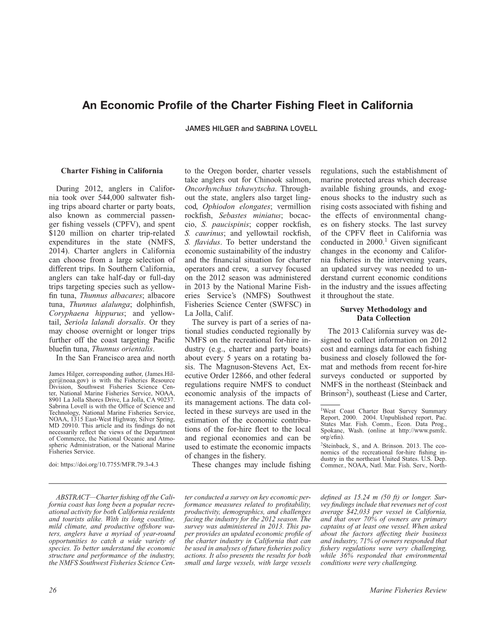 An Economic Profile of the Charter Fishing Fleet in California