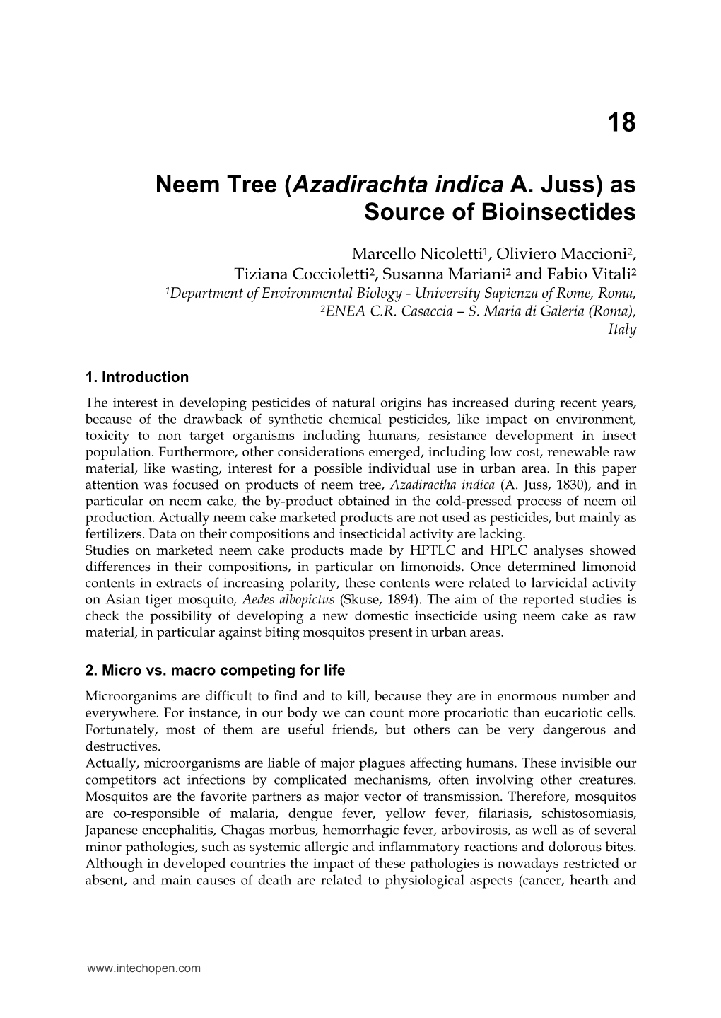 Neem Tree (Azadirachta Indica A. Juss) As Source of Bioinsectides
