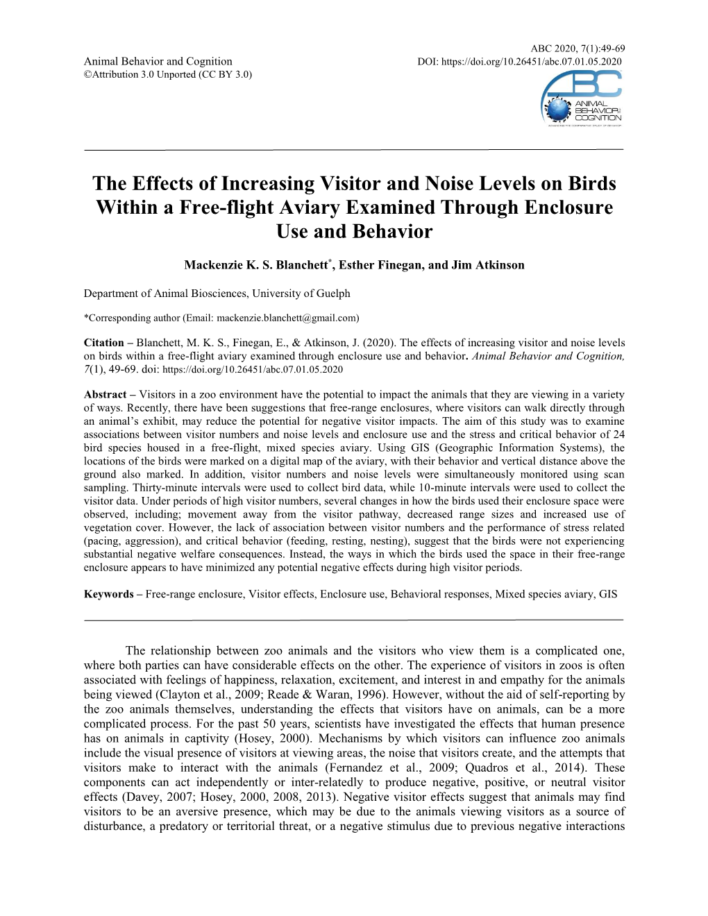 The Effects of Increasing Visitor and Noise Levels on Birds Within a Free-Flight Aviary Examined Through Enclosure Use and Behavior