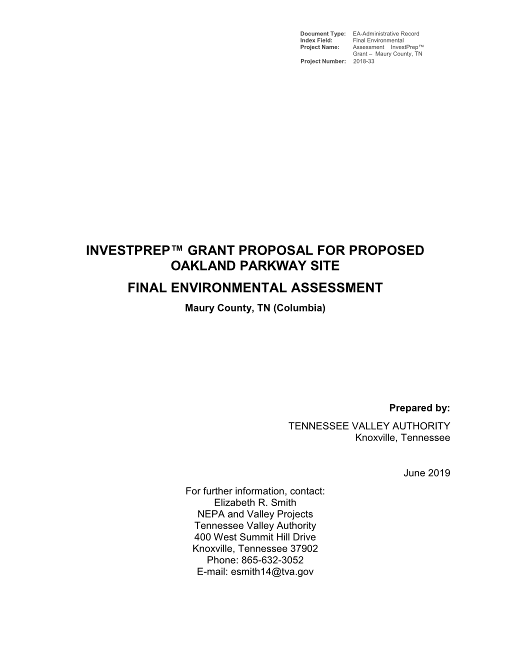 INVESTPREP™ GRANT PROPOSAL for PROPOSED OAKLAND PARKWAY SITE FINAL ENVIRONMENTAL ASSESSMENT Maury County, TN (Columbia)