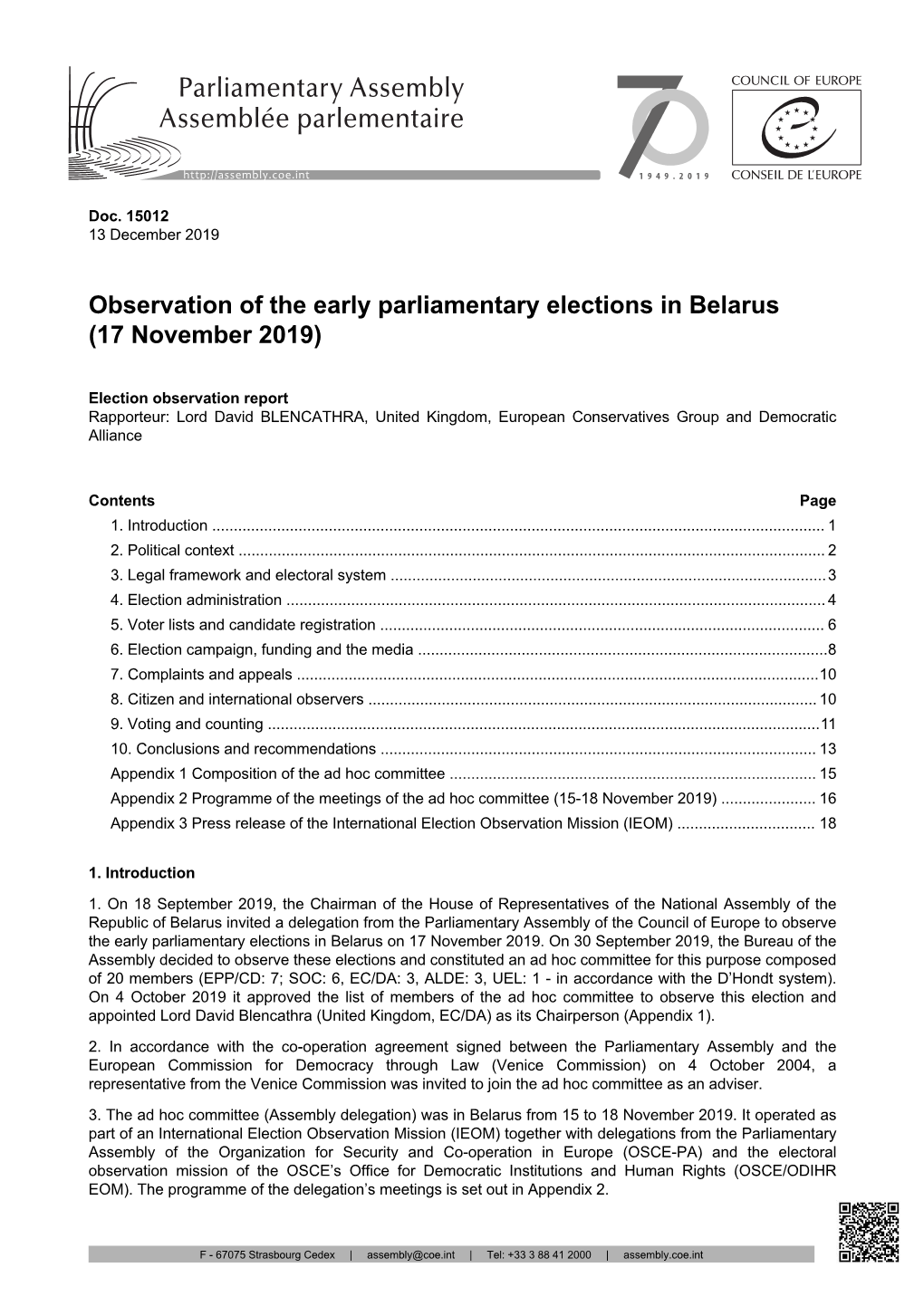 Observation of the Early Parliamentary Elections in Belarus (17 November 2019)