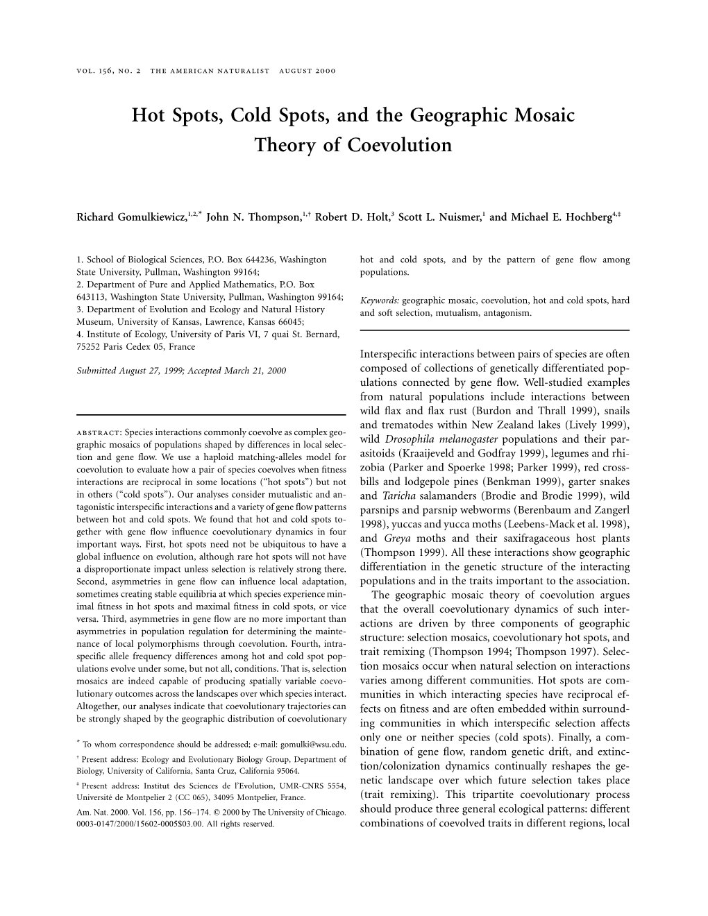 Hot Spots, Cold Spots, and the Geographic Mosaic Theory of Coevolution