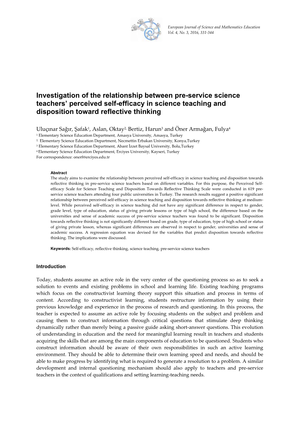 Investigation of the Relationship Between Pre-Service Science Teachers’ Perceived Self-Efficacy in Science Teaching and Disposition Toward Reflective Thinking