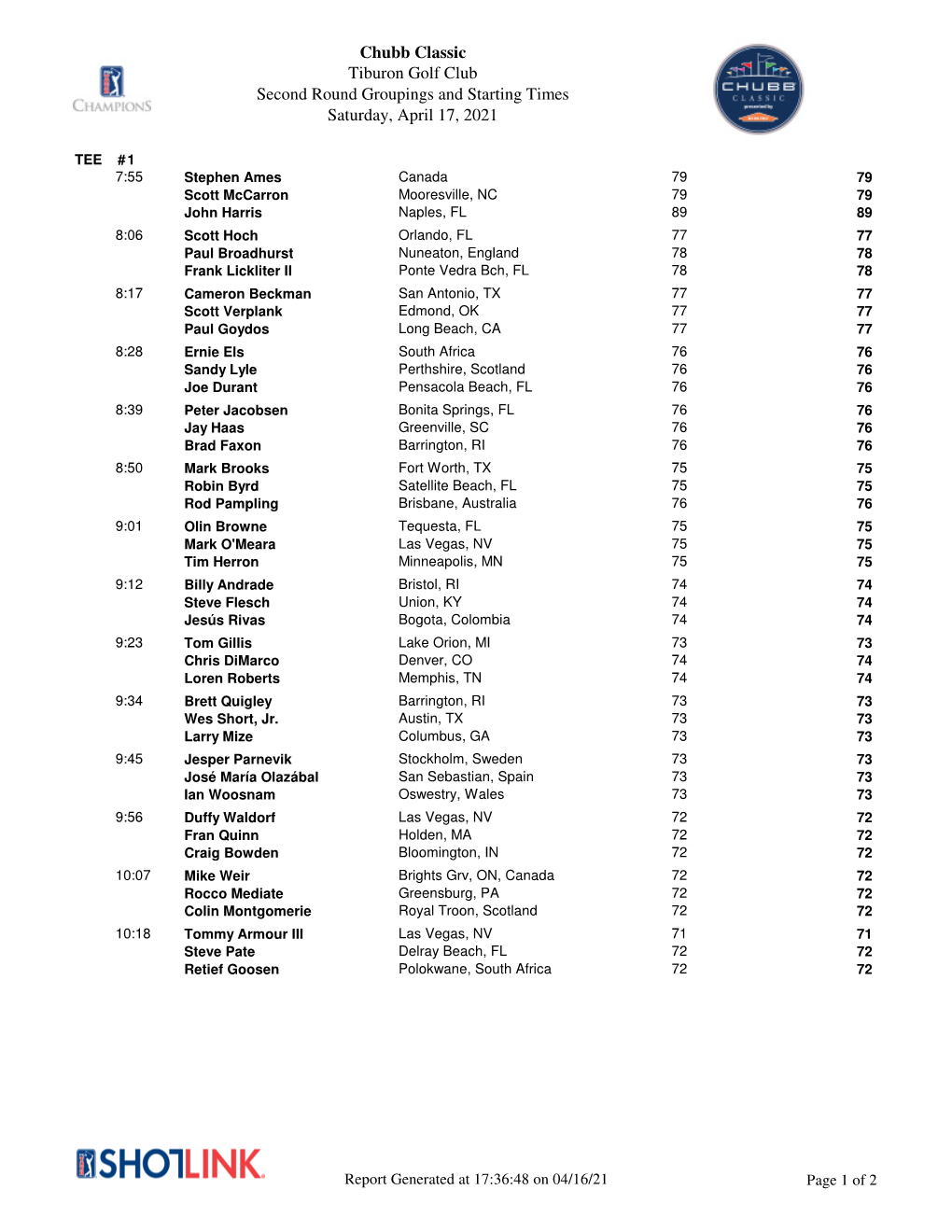 Chubb Classic Tiburon Golf Club Second Round Groupings and Starting Times Saturday, April 17, 2021