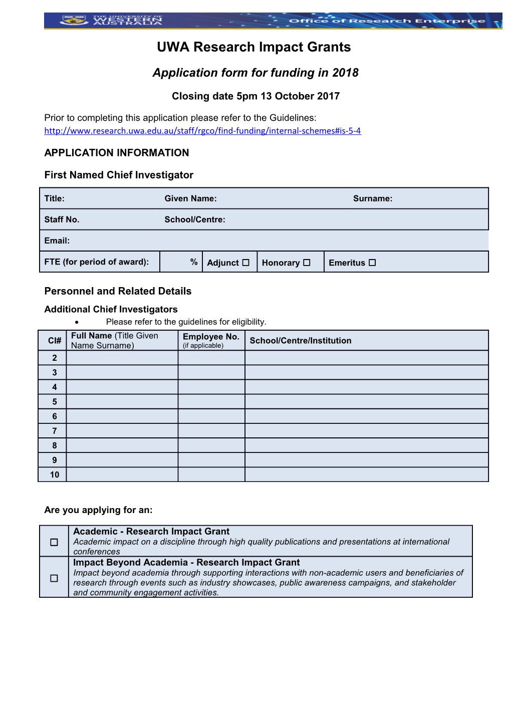 Application Form for Funding in 2018