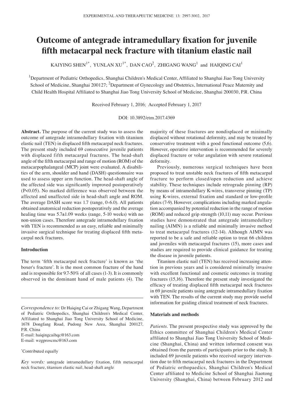 Outcome of Antegrade Intramedullary Fixation for Juvenile Fifth Metacarpal Neck Fracture with Titanium Elastic Nail