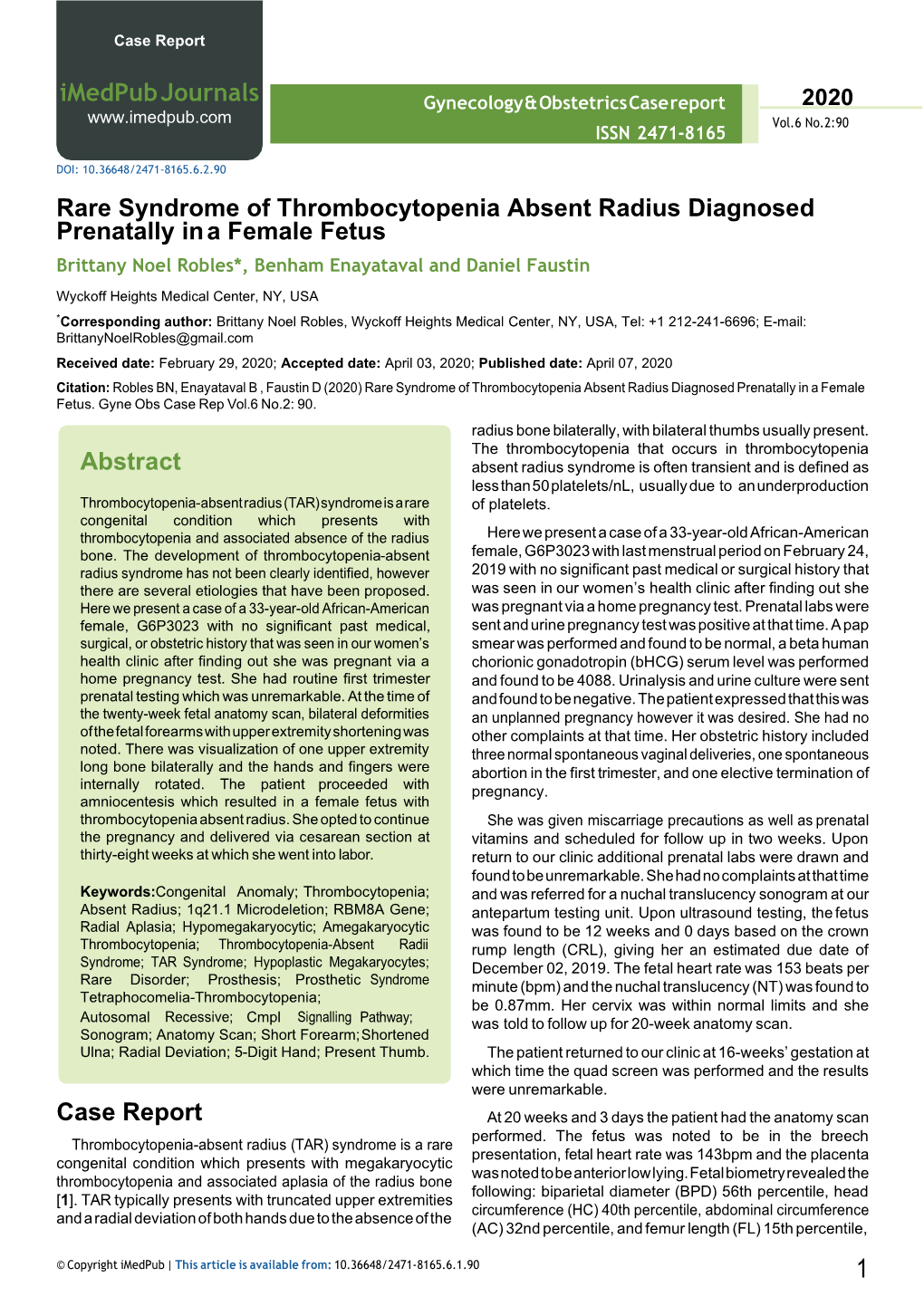 Rare Syndrome of Thrombocytopenia Absent Radius Diagnosed Prenatally in a Female Fetus Case Report Abstract Imedpub Journals