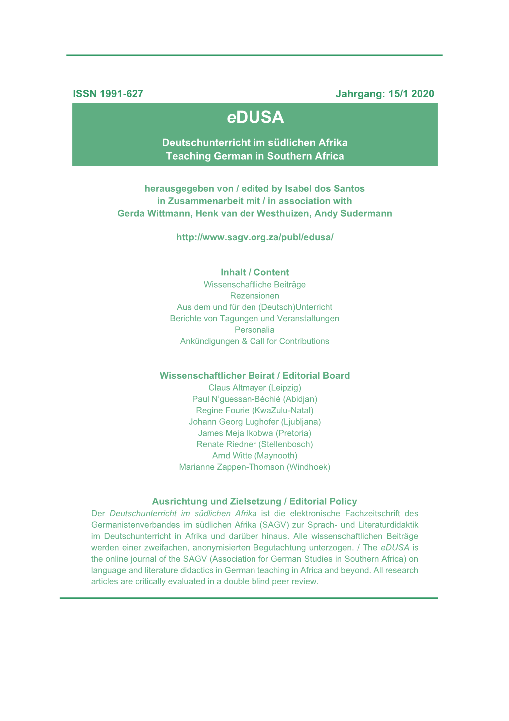 ISSN 1991-627 Jahrgang: 15/1 2020 Deutschunterricht Im Südlichen Afrika Teaching German in Southern Africa