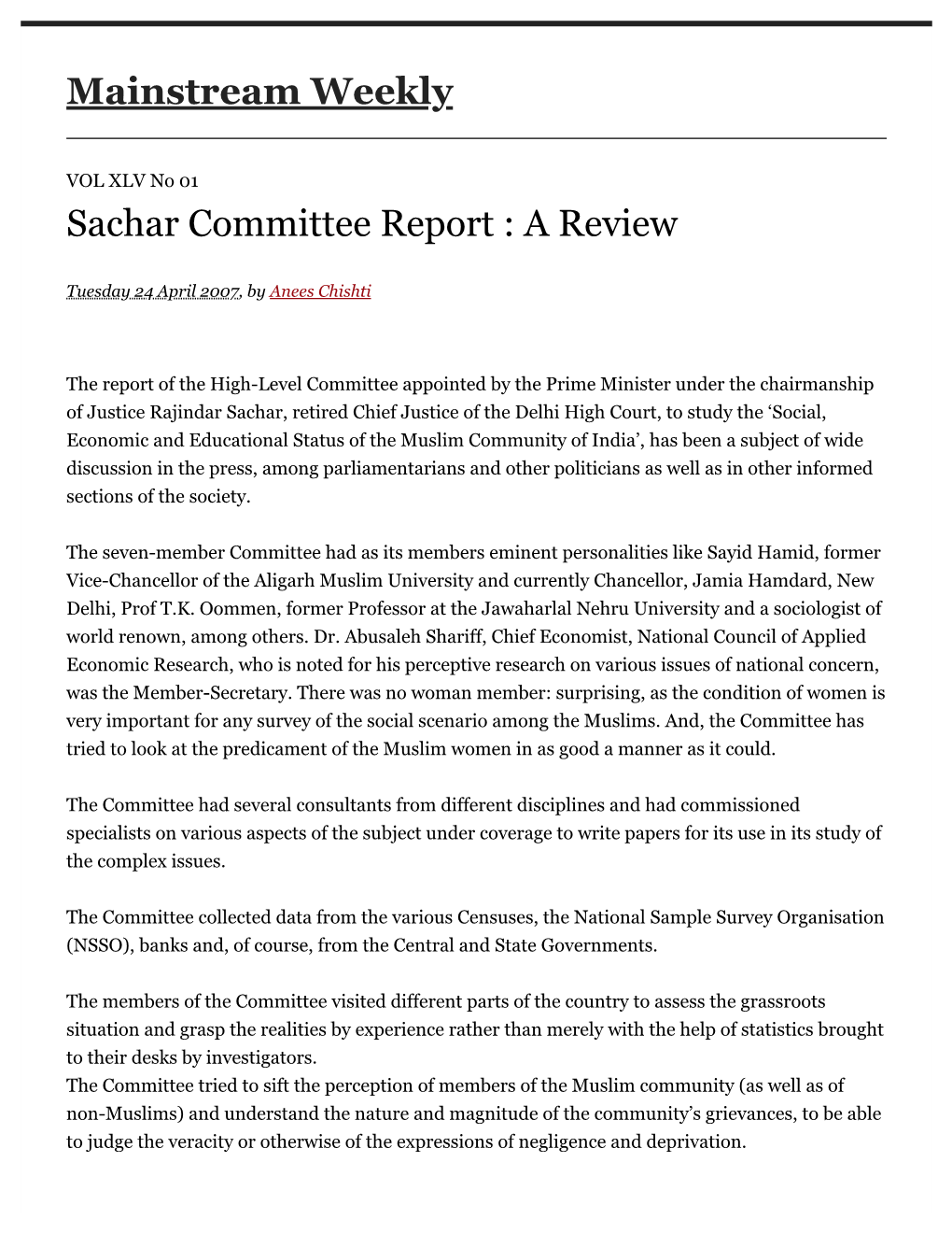 Sachar Committee Report : a Review Mainstream Weekly