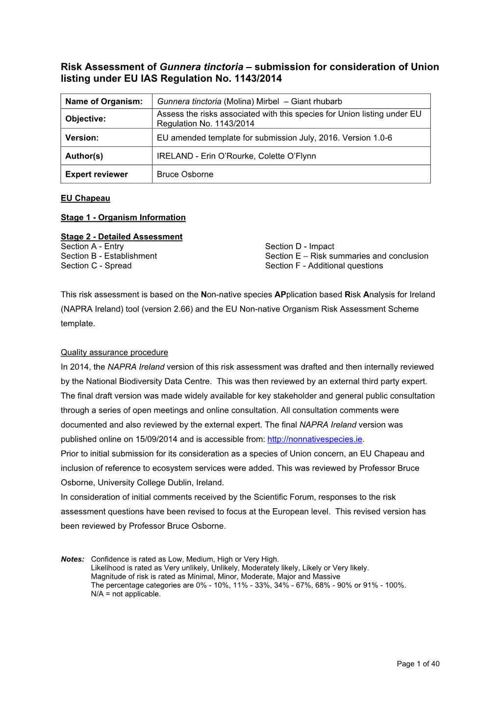 Risk Assessment of Gunnera Tinctoria – Submission for Consideration of Union Listing Under EU IAS Regulation No