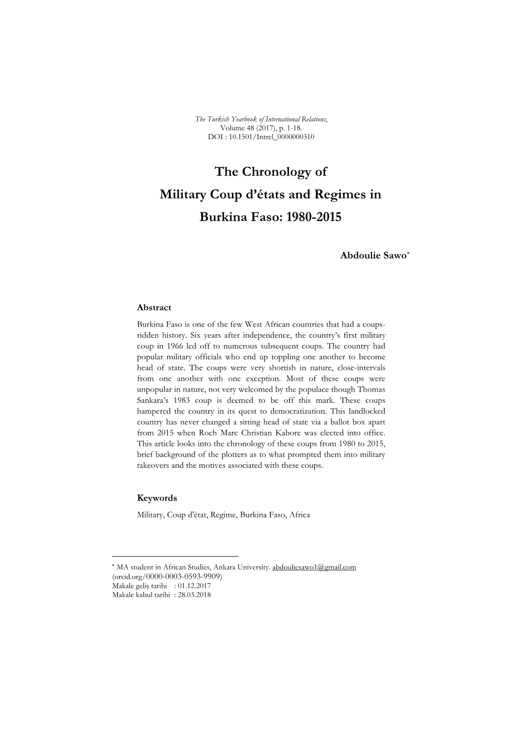 The Chronology of Military Coup D'états and Regimes in Burkina Faso
