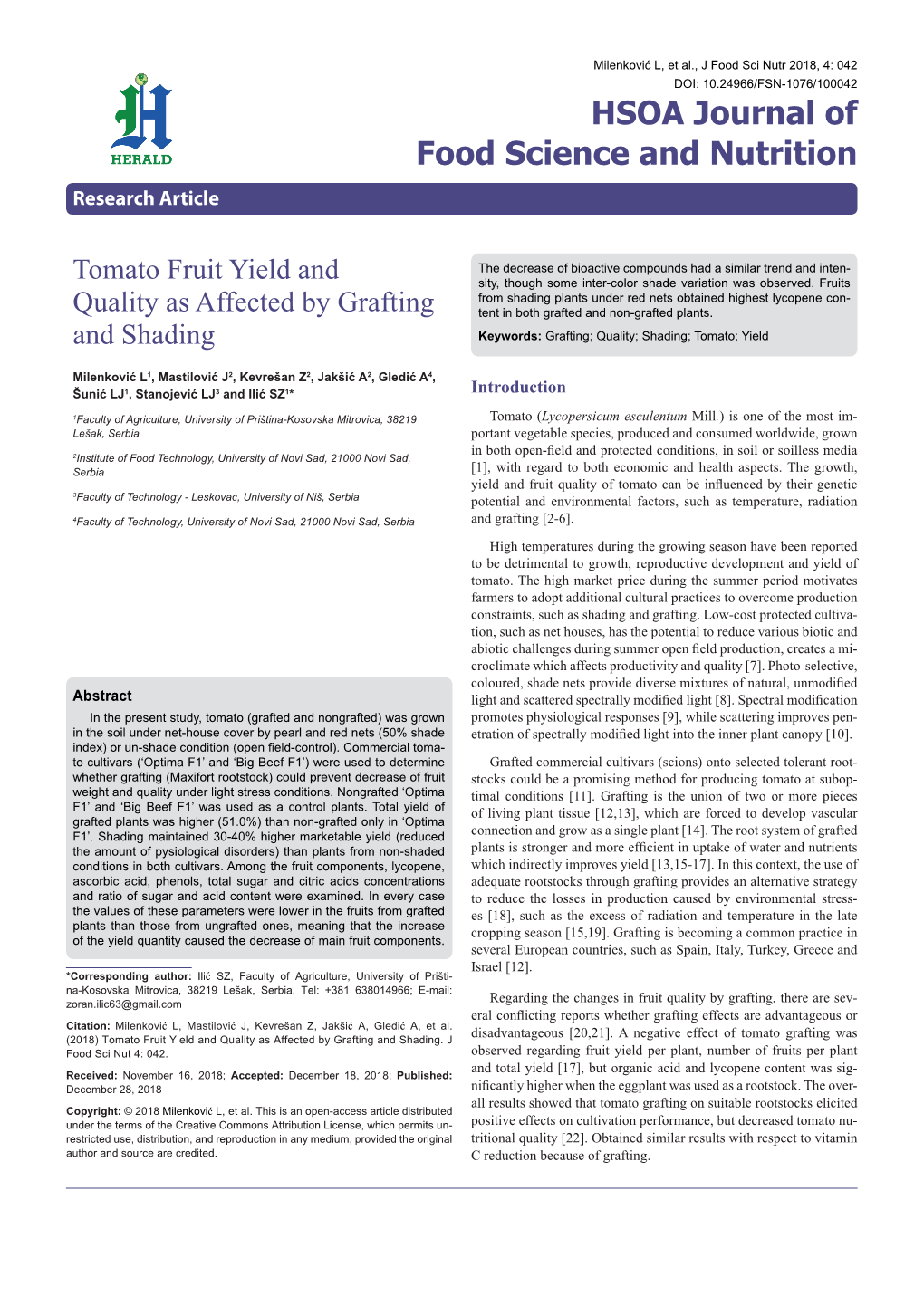 Tomato Fruit Yield and Quality As Affected by Grafting and Shading