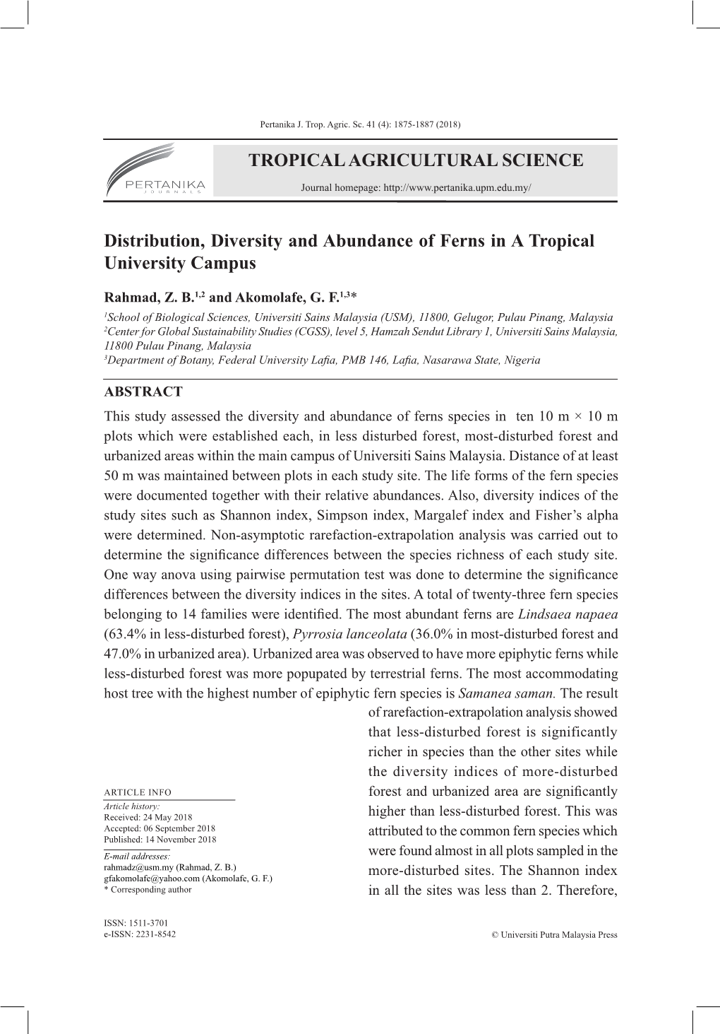 TROPICAL AGRICULTURAL SCIENCE Distribution, Diversity