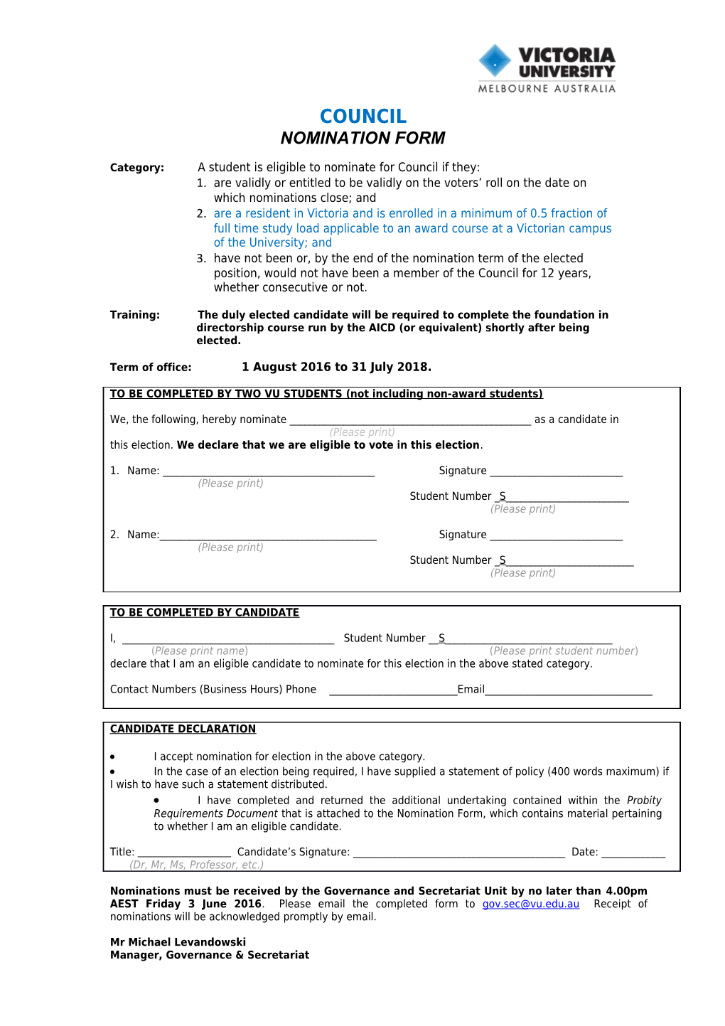 Nomination Form- Student Nomination to Council