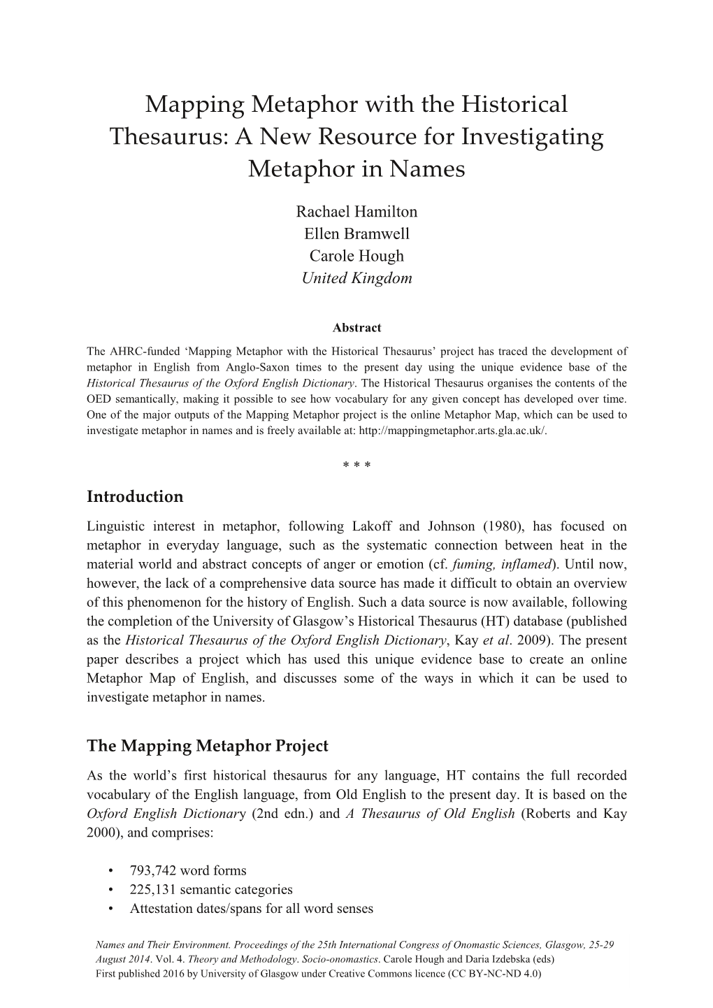 Mapping Metaphor with the Historical Thesaurus: a New Resource for Investigating Metaphor in Names