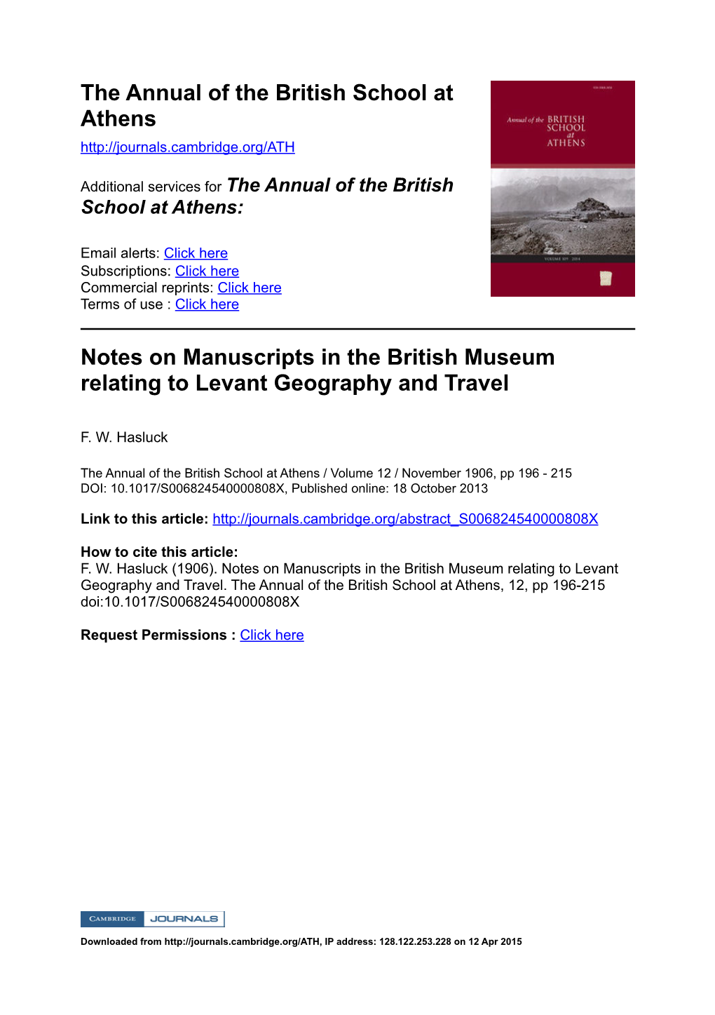 The Annual of the British School at Athens Notes on Manuscripts in The