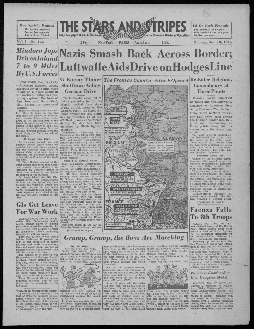 Nazis Smash Back Across Border; 7 to 9 Miles Luftwaffeaidsdrive Onhodgesline Byu.S.Forces 97 Enemy Planes Re-Enter Belgium, NEW YORK, Dec