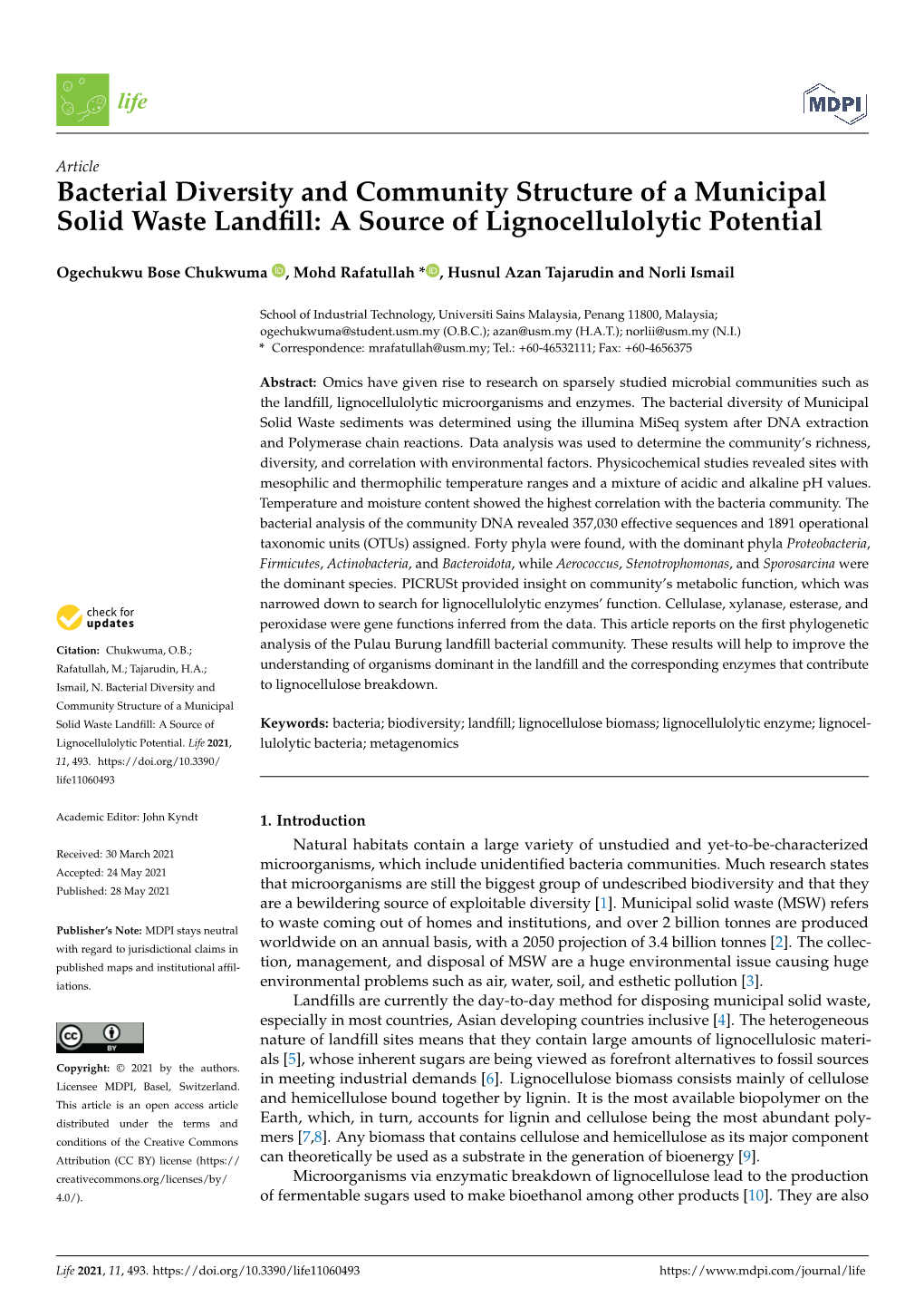 Bacterial Diversity and Community Structure of a Municipal Solid Waste Landﬁll: a Source of Lignocellulolytic Potential