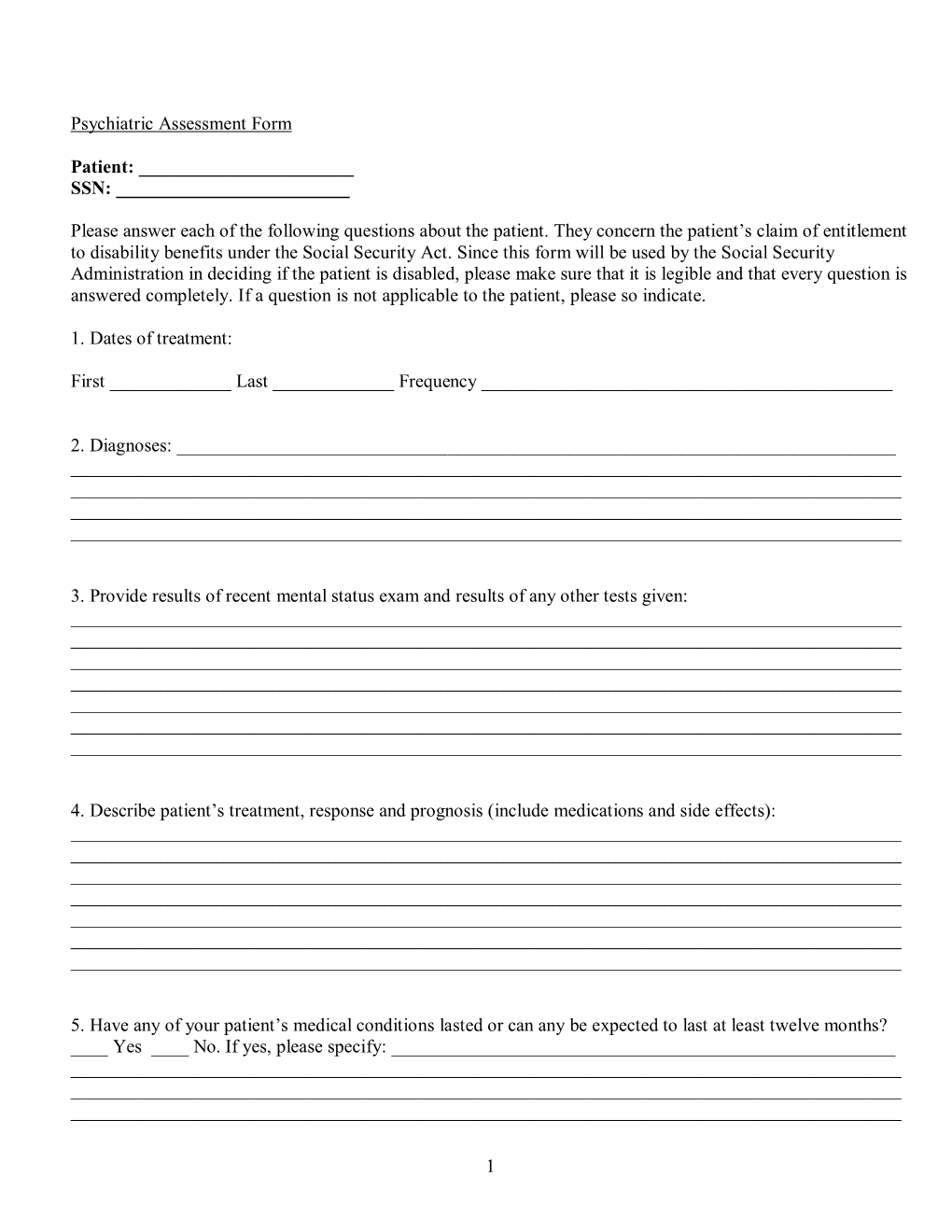 1 Psychiatric Assessment Form Patient: SSN