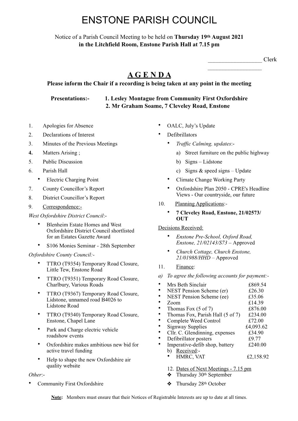 2021 August Agenda