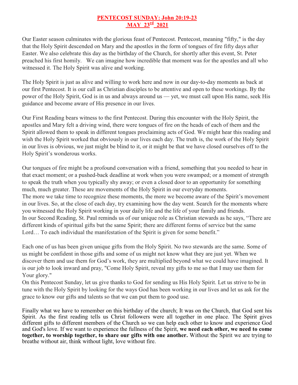 PENTECOST SUNDAY: John 20:19-23 MAY 23 2021 Our Easter Season Culminates with the Glorious Feast of Pentecost. Pentecost, Mean