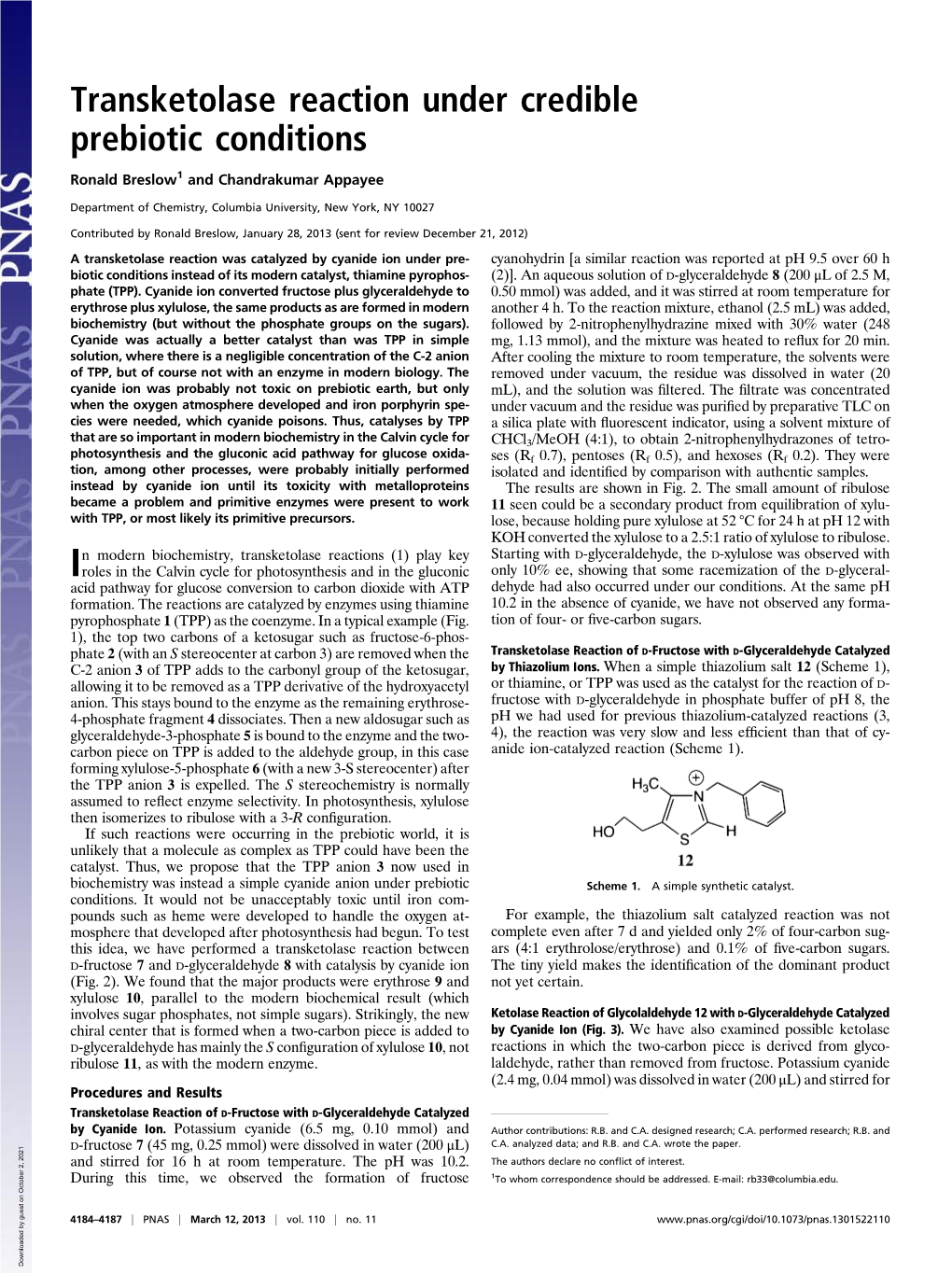 Transketolase Reaction Under Credible Prebiotic Conditions