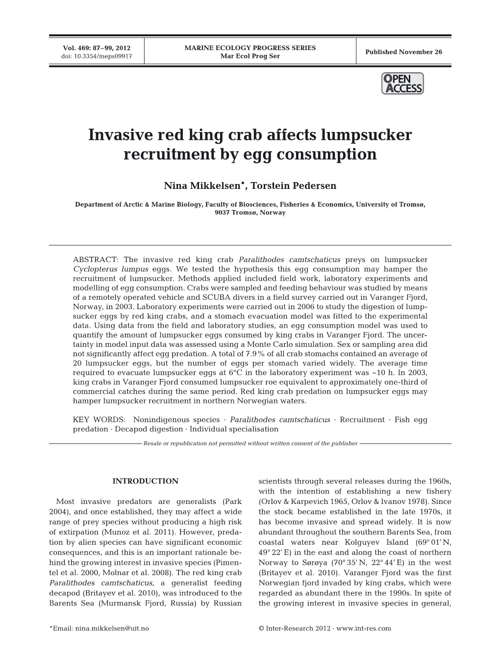 Invasive Red King Crab Affects Lumpsucker Recruitment by Egg Consumption