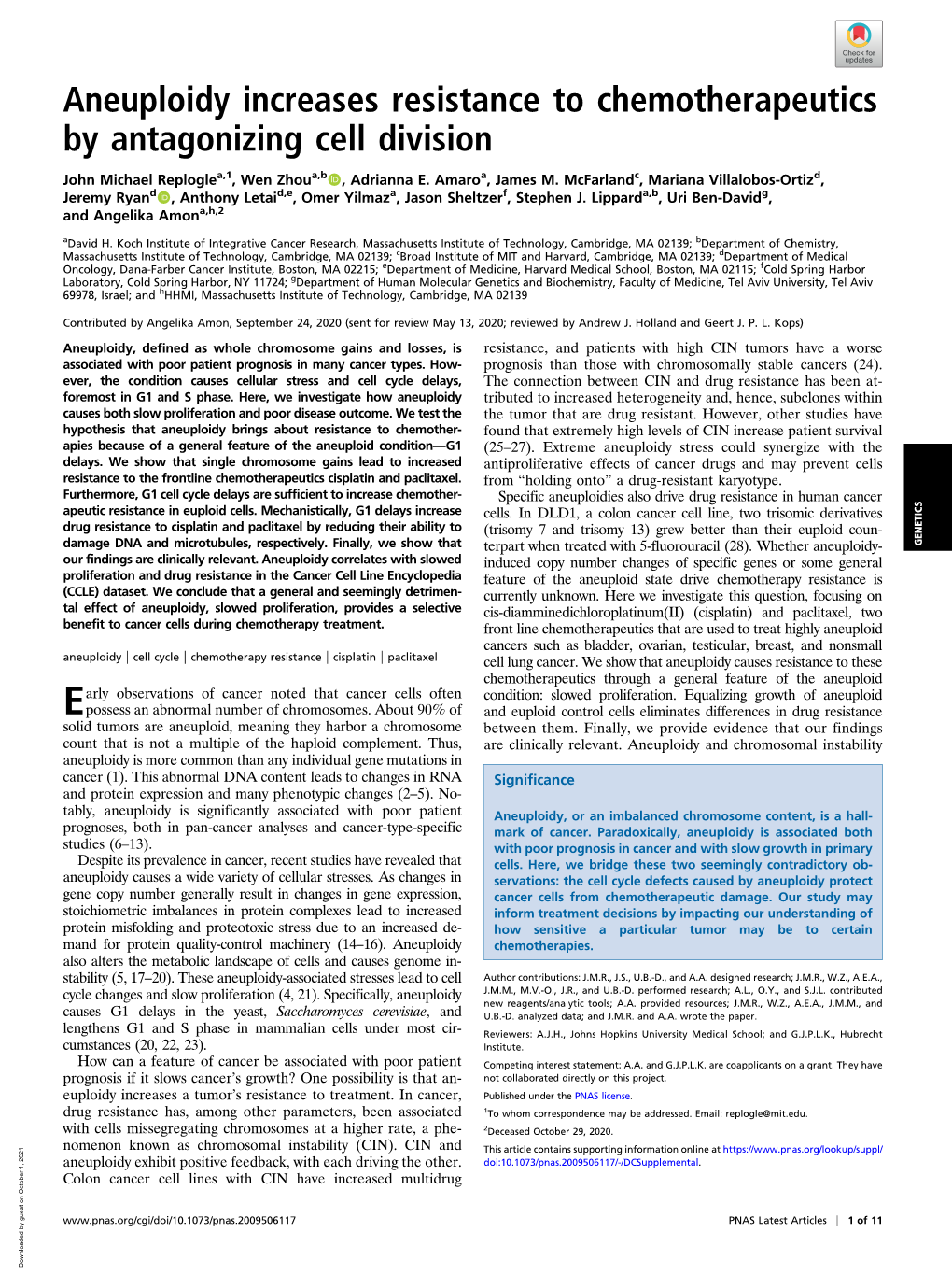 Aneuploidy Increases Resistance to Chemotherapeutics by Antagonizing Cell Division