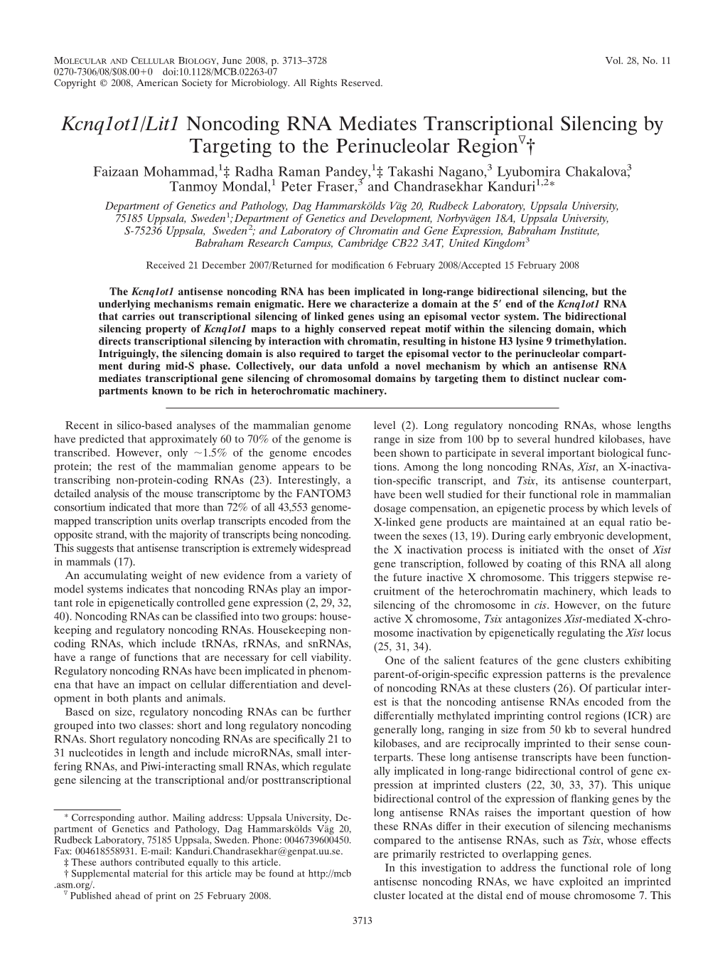 Kcnq1ot1/Lit1 Noncoding RNA Mediates Transcriptional Silencing