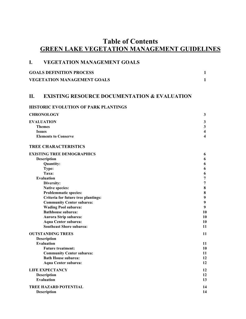 Table of Contents GREEN LAKE VEGETATION MANAGEMENT GUIDELINES