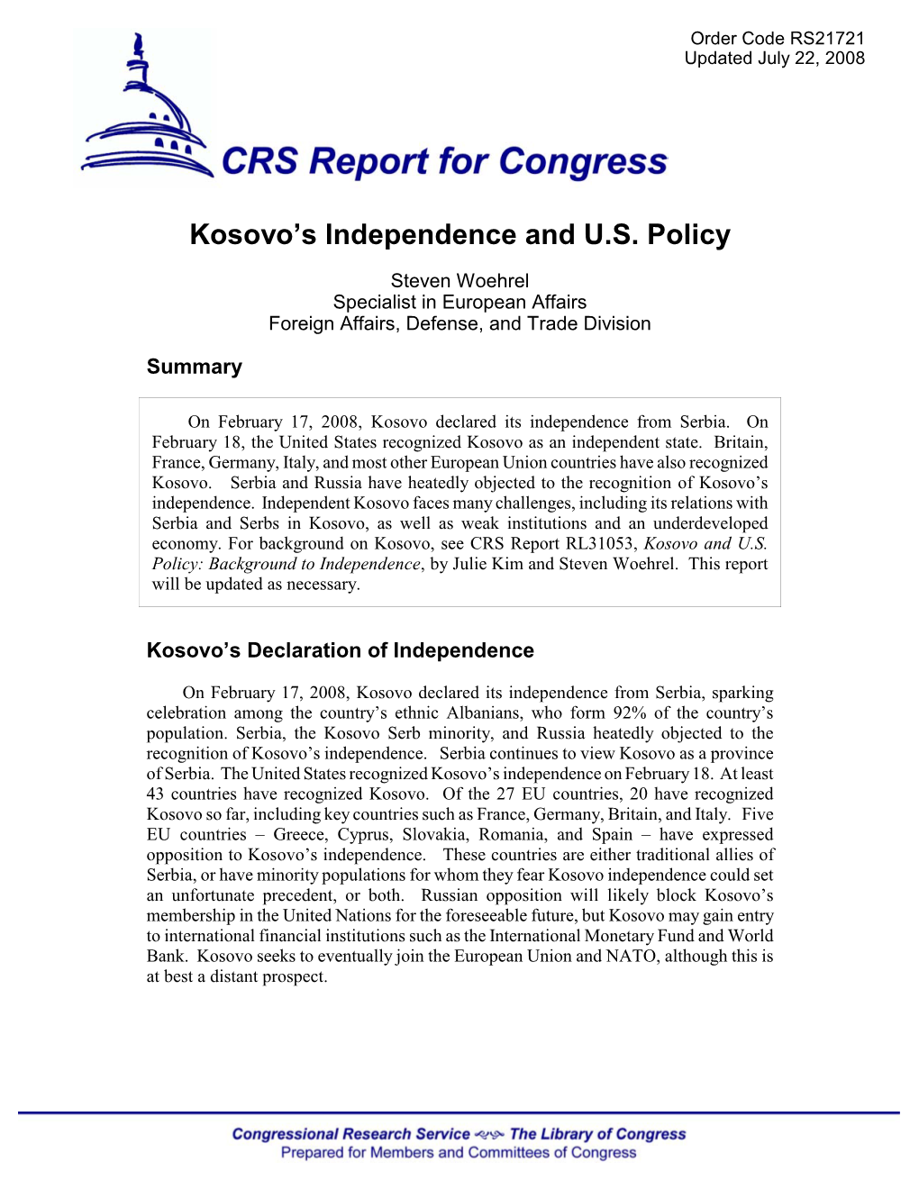 Kosovo's Independence and U.S. Policy