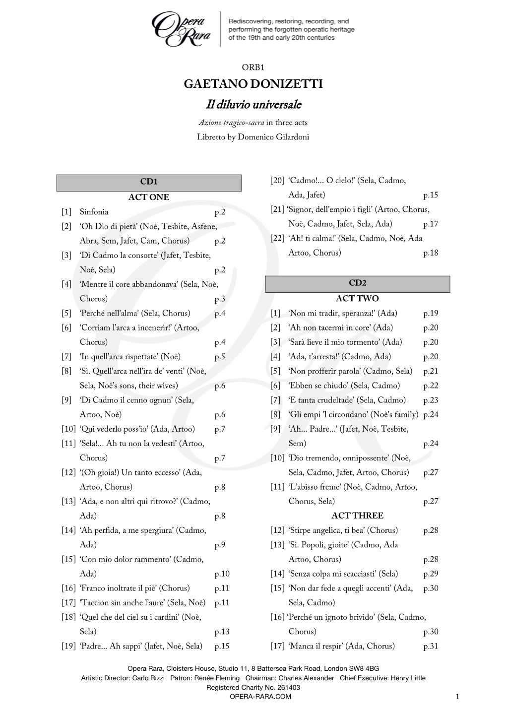 Il Diluvio Universale Azione Tragico-Sacra in Three Acts Libretto by Domenico Gilardoni