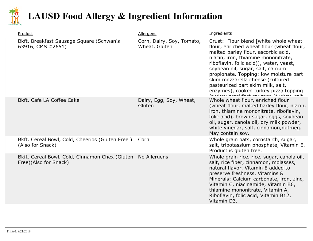 LAUSD Food Allergy & Ingredient Information