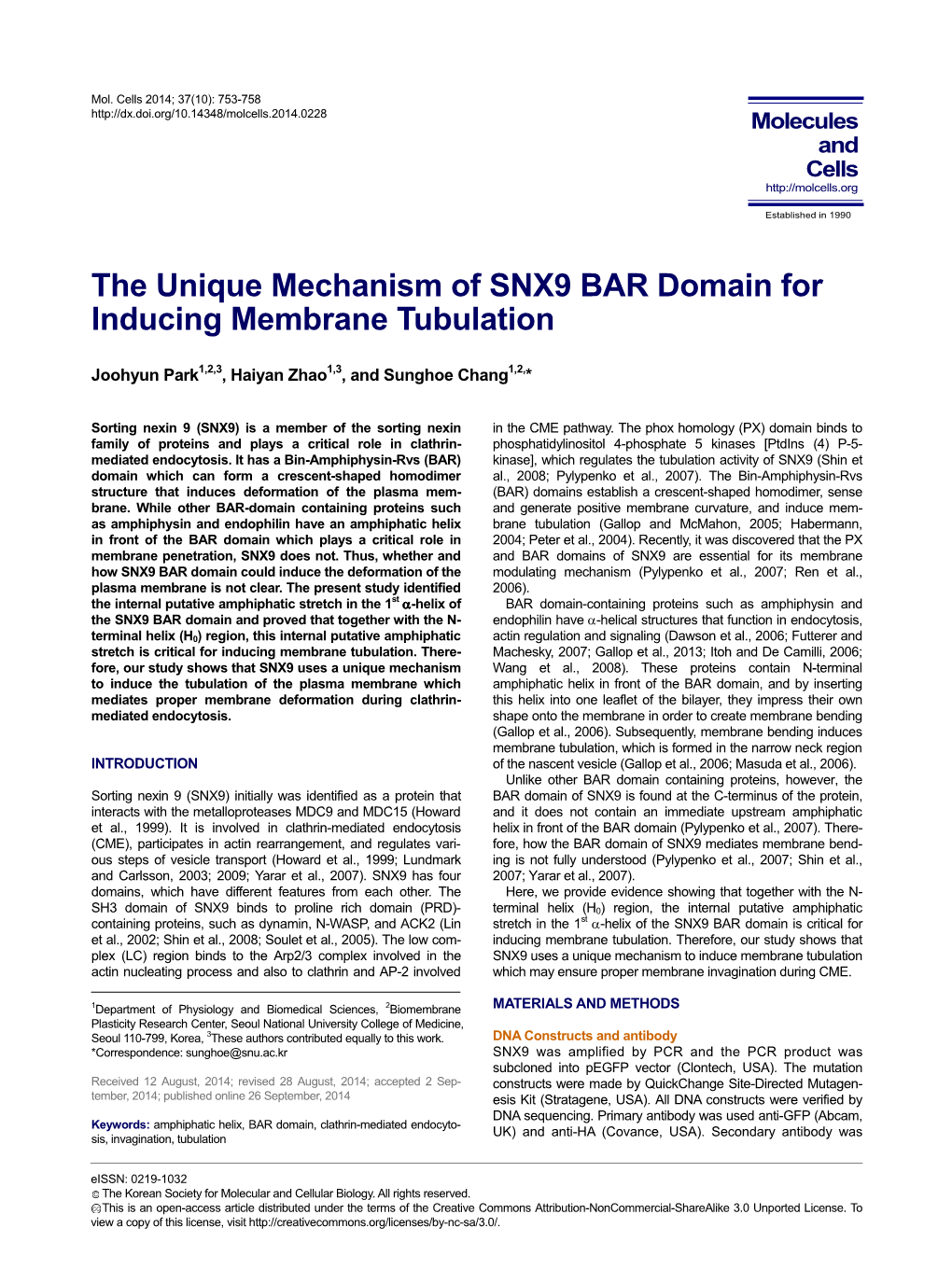 The Unique Mechanism of SNX9 BAR Domain for Inducing Membrane Tubulation