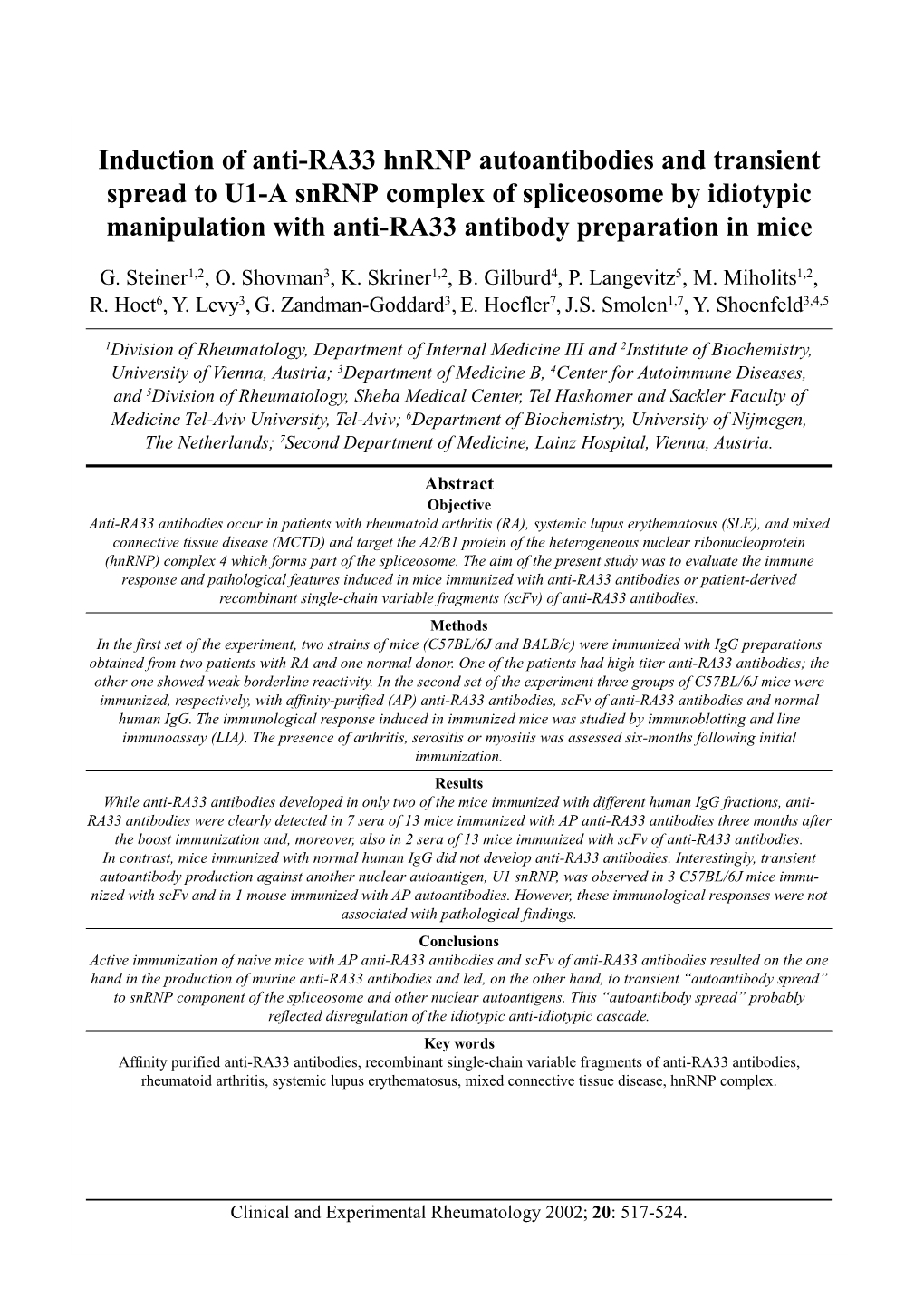 Induction of Anti-RA33 Hnrnp Autoantibodies and Transient