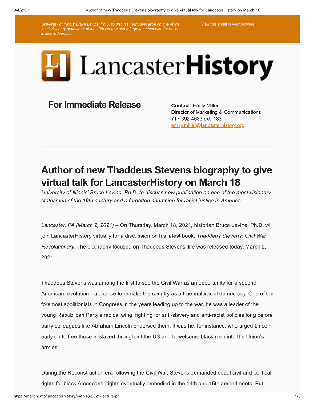 Author of New Thaddeus Stevens Biography to Give Virtual Talk for Lancasterhistory on March 18