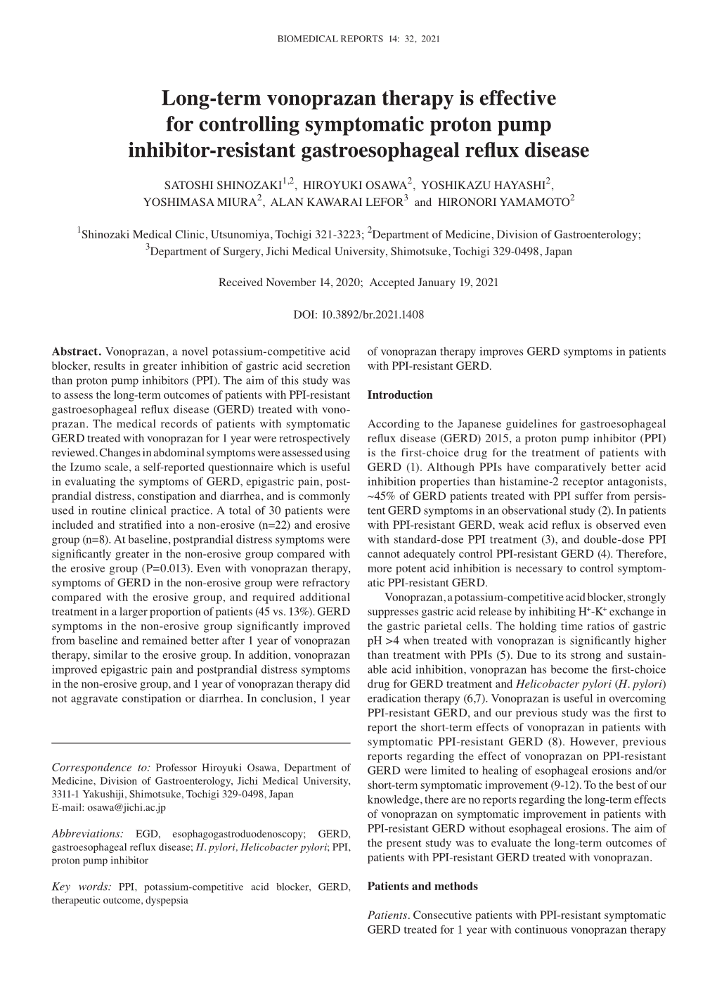 Long‑Term Vonoprazan Therapy Is Effective for Controlling Symptomatic Proton Pump Inhibitor‑Resistant Gastroesophageal Reflux Disease