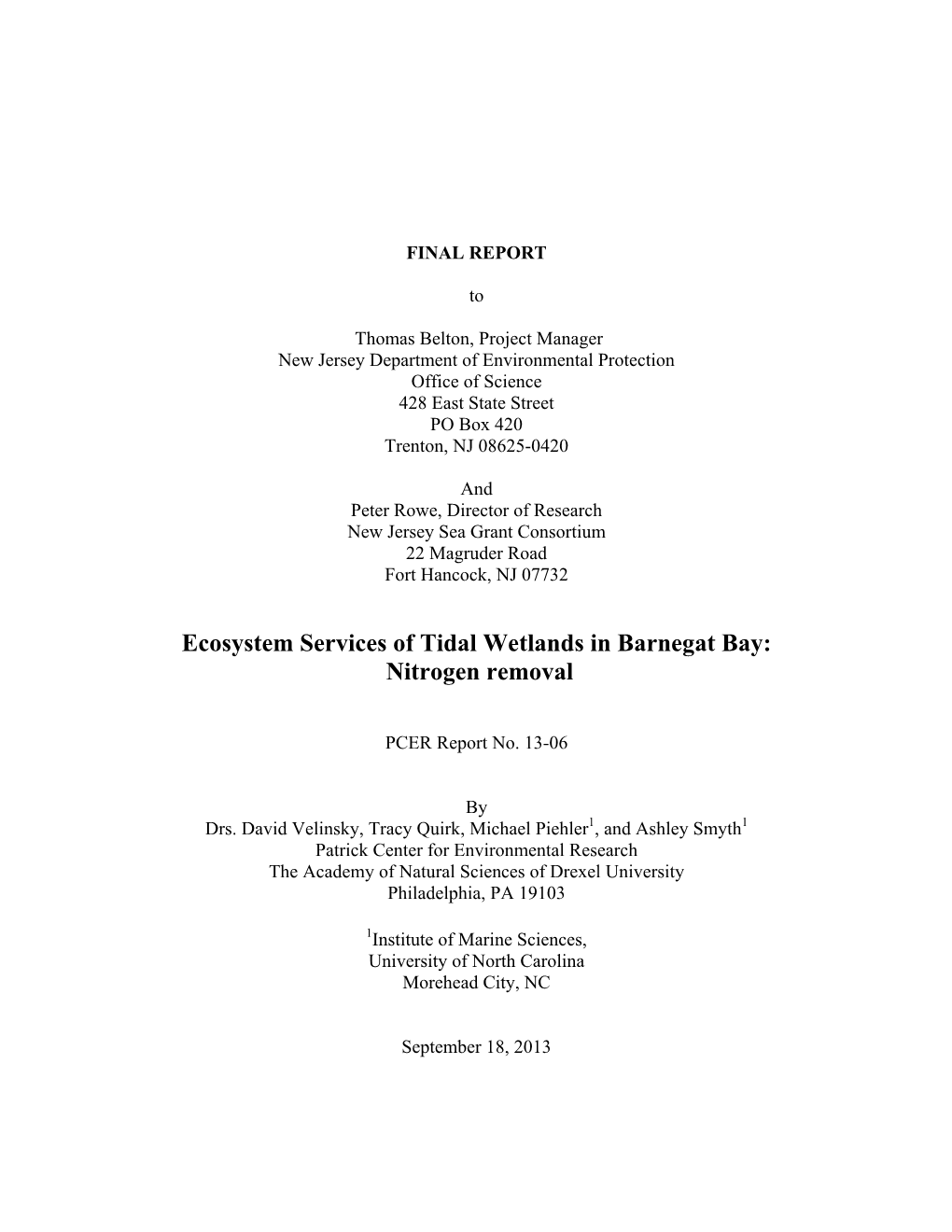 Ecosystem Services of Tidal Wetlands in Barnegat Bay: Nitrogen Removal